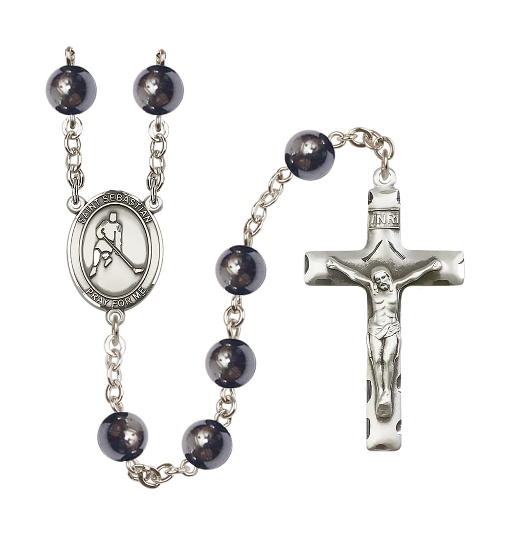 Bliss St Sebastian Ice Hockey 8mm Hematite Bead Rosary,