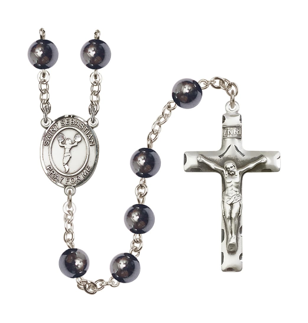 Bliss Handmade Silver Plated rosary with St Sebastian Choir 8mm Hematite Bead Rosary,