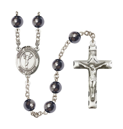 Handmade Silver Plated rosary with St Sebastian Choir 8mm Hematite Bead Rosary, Bliss Manufacturing