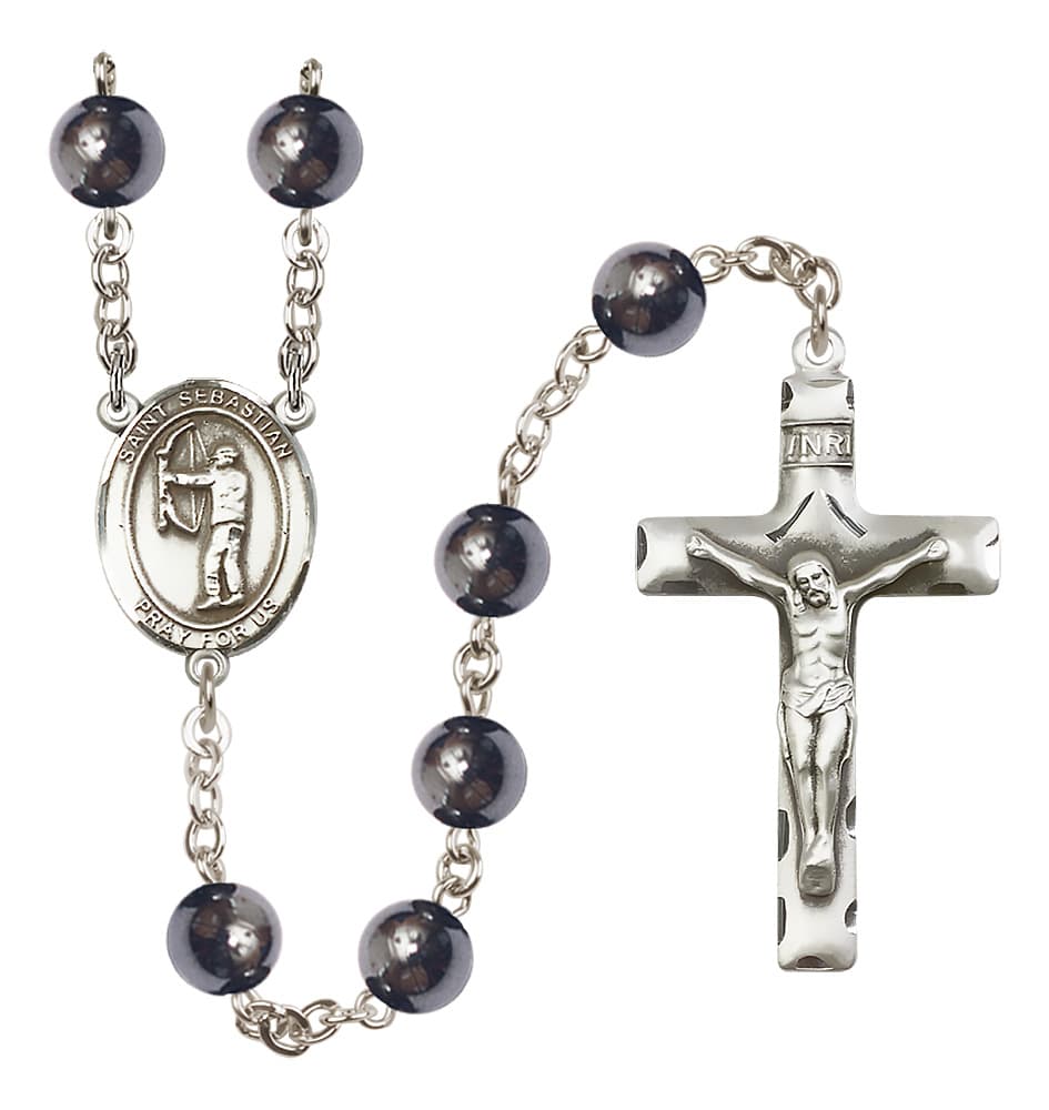 Bliss St Sebastian Archery 8mm Hematite Bead Rosary,