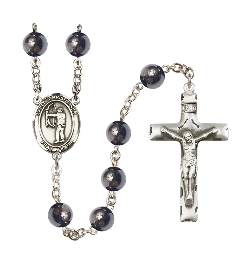 Bliss St Christopher Archery 8mm Hematite Bead Rosary,