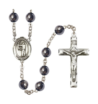 St Christopher Archery 8mm Hematite Bead Rosary, Bliss Manufacturing