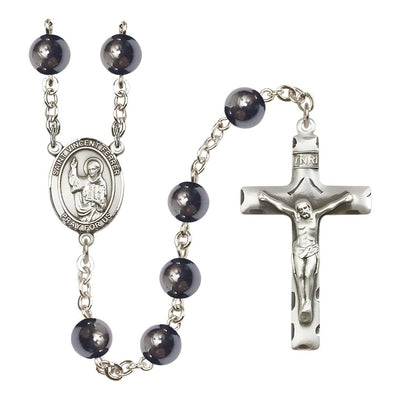 St. Vincent Ferrer 8mm Hematite Silver-plated Catholic Rosary with Pewter Centerpiece and Crucifix, Bliss Manufacturing