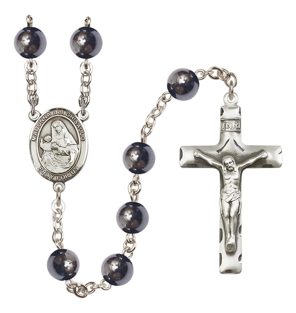 Bliss Silver Plated 8mm Hematite Madonna del Ghisallo Rosary,