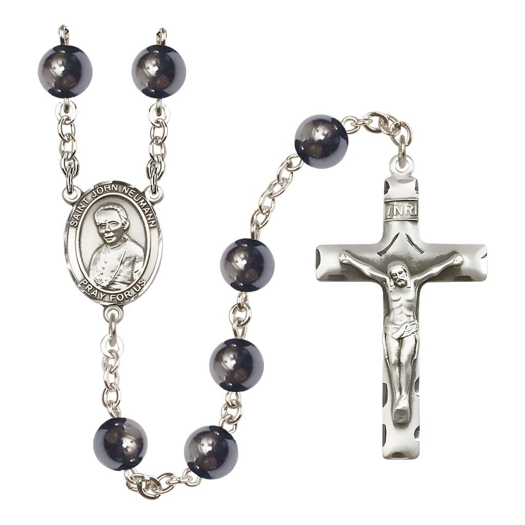 Bliss St. John Neumann 8mm Hematite Silver-plated Catholic Rosary with Pewter Centerpiece and Crucifix