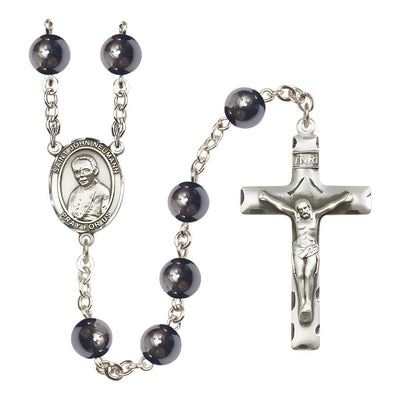St. John Neumann 8mm Hematite Silver-plated Catholic Rosary with Pewter Centerpiece and Crucifix, Bliss Manufacturing