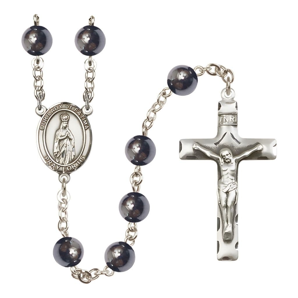 Bliss Our Lady of Fatimas 8mm Hematite Bead Silver-plated Rosary with Pewter Centerpiece and Crucifix, Gift Box.