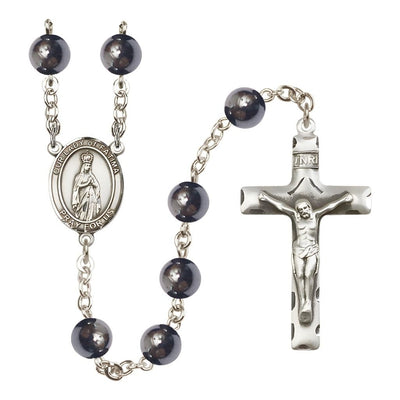 Our Lady of Fatimas 8mm Hematite Bead Silver-plated Rosary with Pewter Centerpiece and Crucifix, Gift Box, Bliss Manufacturing