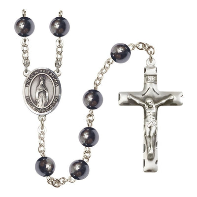 Spanish Virgen de Fatima 8mm Hematite Bead Silver-plated Rosary with Pewter Centerpiece and Crucifix, Gift Box, Bliss Manufacturing