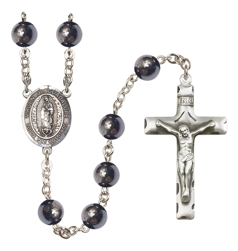 Bliss Silver Plated 8mm Hematite Virgen de Guadalupe Rosary,