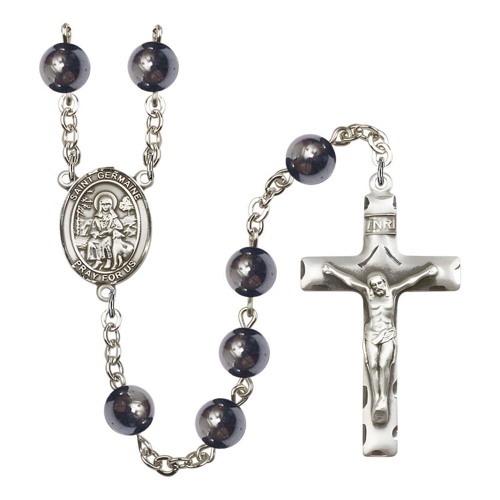St. Germaine Cousin 8mm Hematite Bead Silver-plated Rosary with Pewter Centerpiece and Crucifix, Gift Box.