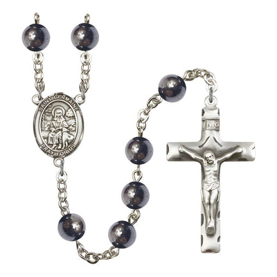 St. Germaine Cousin 8mm Hematite Bead Silver-plated Rosary with Pewter Centerpiece and Crucifix, Gift Box.