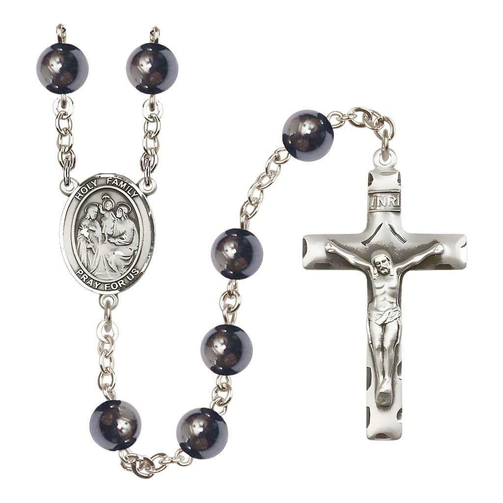 Bliss Holy Family 8mm Hematite Bead Silver-Plated Catholic Rosary with Pewter Centerpiece and Crucifix