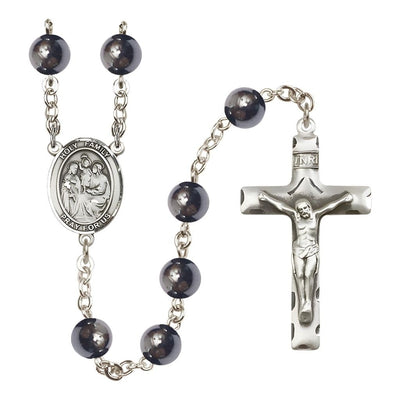Holy Family 8mm Hematite Bead Silver-Plated Catholic Rosary with Pewter Centerpiece and Crucifix, Bliss Manufacturing
