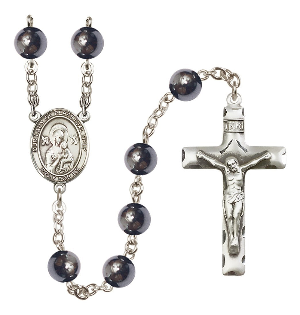 Silver Plated 8mm Hematite Our Lady of Perpetual Help Rosary, Bliss Manufacturing