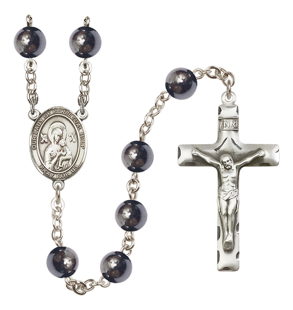 Bliss Silver Plated 8mm Hematite Our Lady of Perpetual Help Rosary,