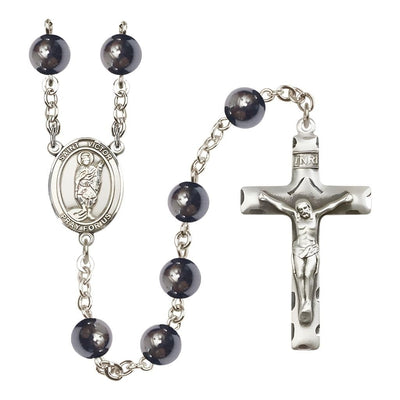 St. Victor of Marseilles 8mm Hematite Silver-plated Catholic Rosary with Pewter Centerpiece and Crucifix, Bliss Manufacturing