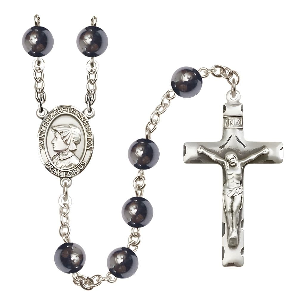 Bliss St. Elizabeth Ann Seton 8mm Hematite Silver-plated Catholic Rosary with Pewter Centerpiece and Crucifix