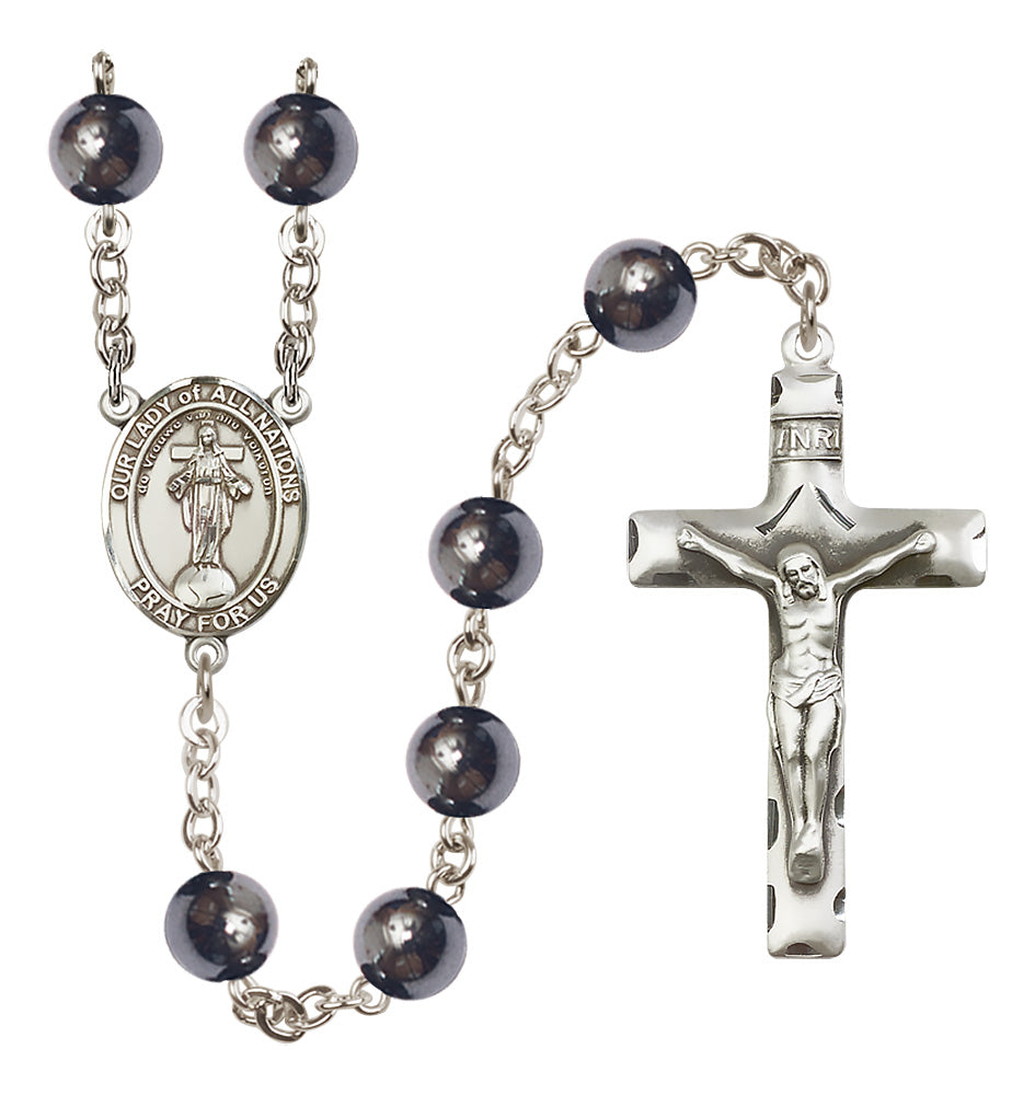 Bliss Silver Plated 8mm Hematite Our Lady of All Nations Rosary,