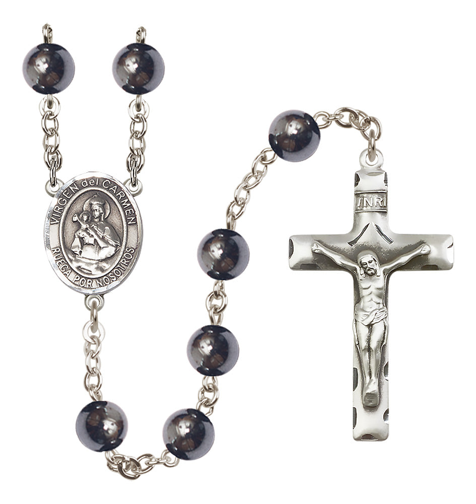 Bliss Silver Plated 8mm Hematite Virgen del Carmen Rosary,