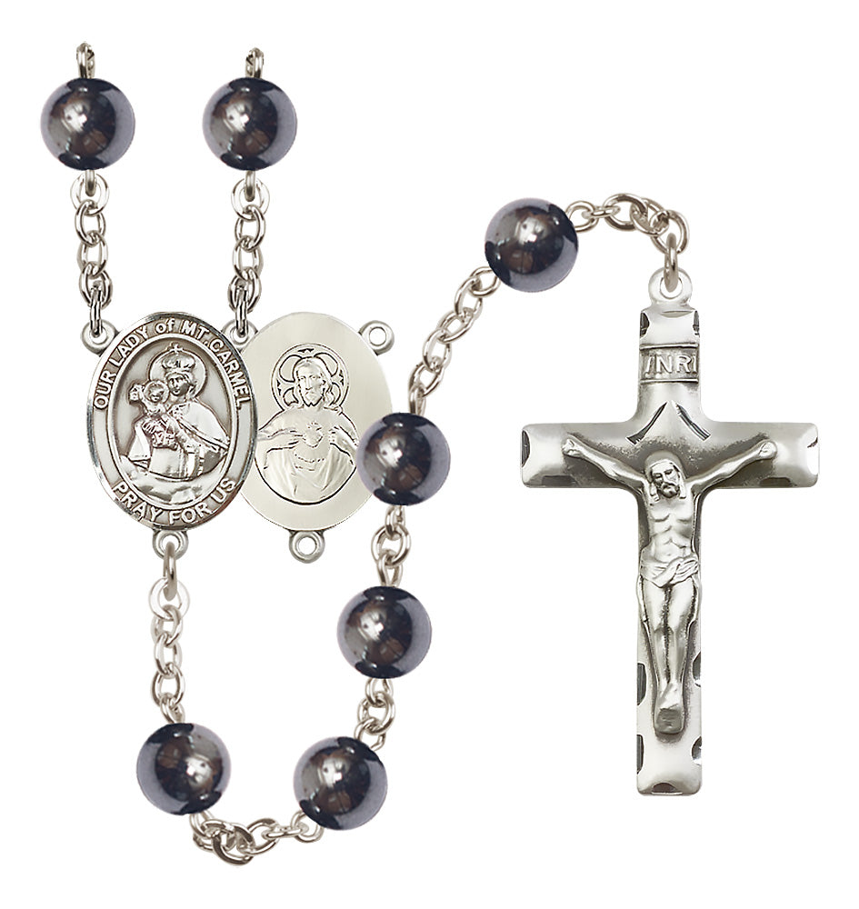 Bliss Silver Plated 8mm Hematite Our Lady of Mount Carmel Rosary,