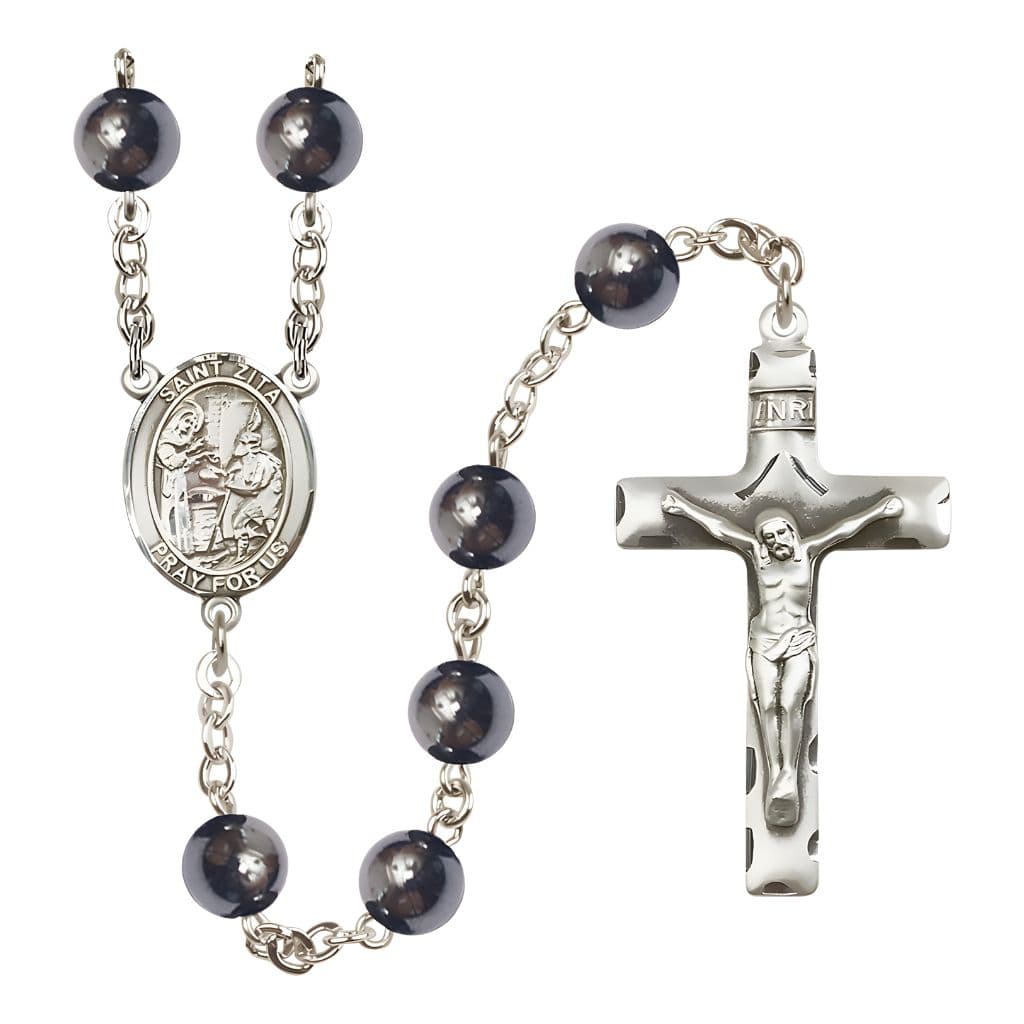 Bliss St. Zita 8mm Hematite Bead  Silver-plated Rosary with Pewter Centerpiece and Crucifix