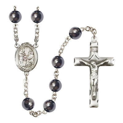 St. Zita 8mm Hematite Bead Silver-plated Rosary with Pewter Centerpiece and Crucifix, Bliss Manufacturing