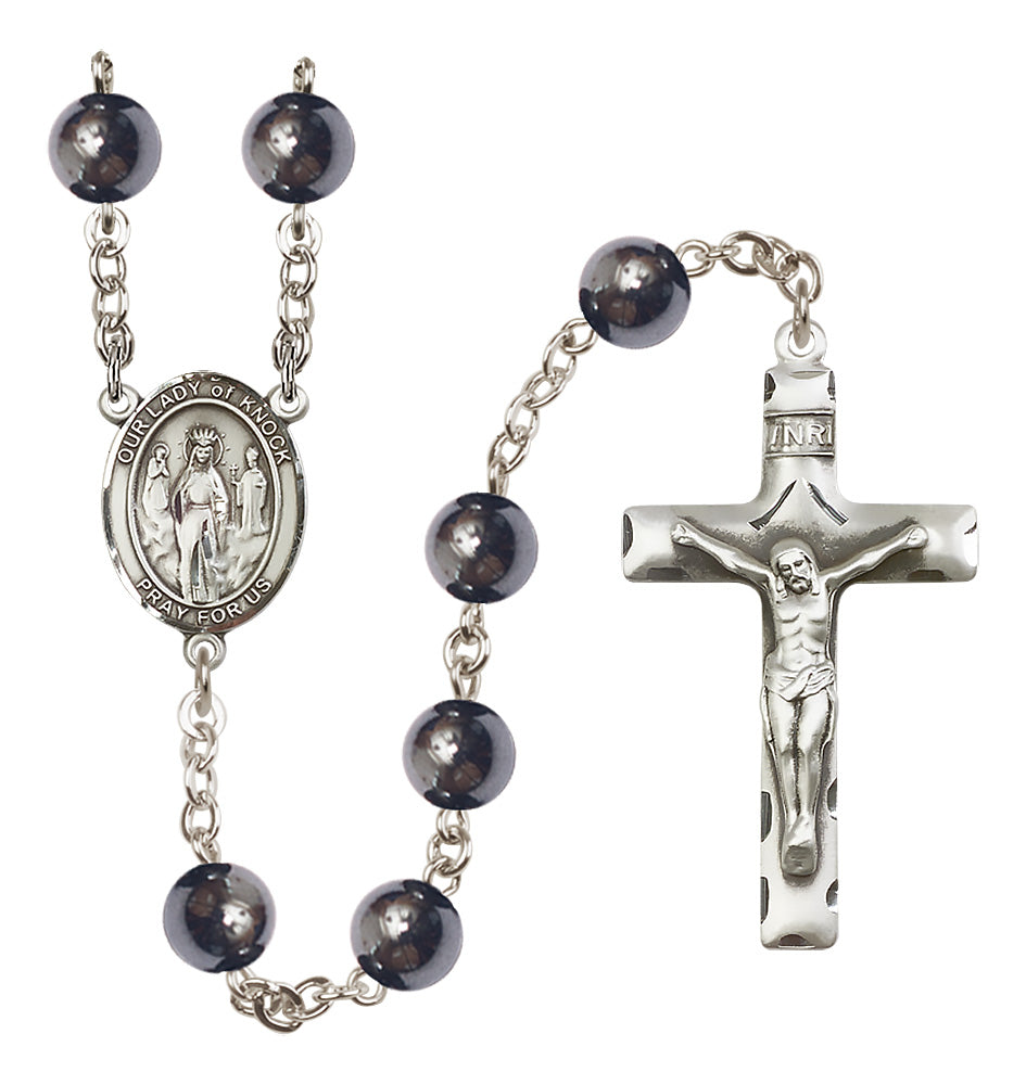 Bliss Silver Plated 8mm Hematite Our Lady of Knock Rosary,