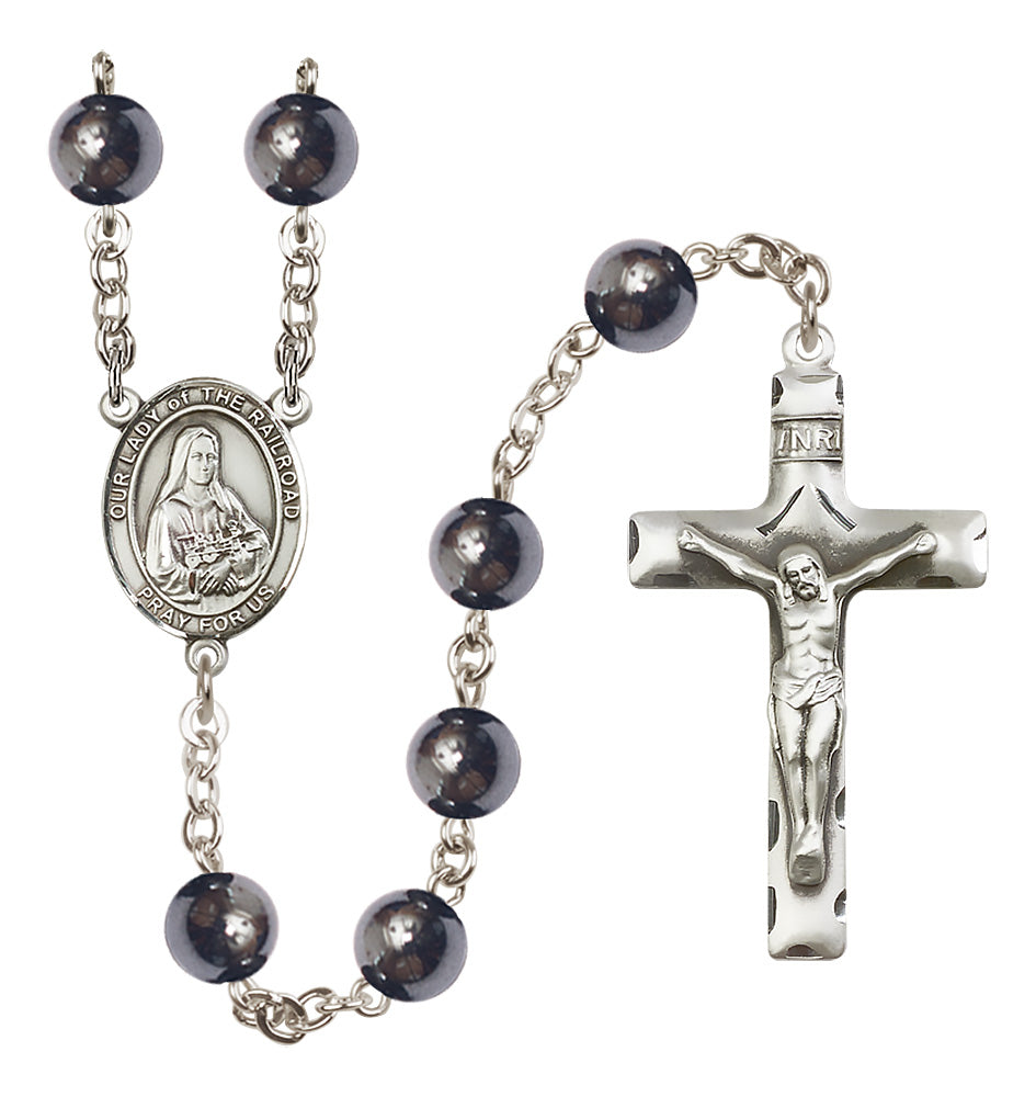 Bliss Silver Plated 8mm Hematite Our Lady of the Railroad Rosary,