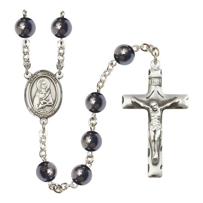 St. Victoria 8mm Hematite Silver-plated Catholic Rosary with Pewter Centerpiece and Crucifix, Bliss Manufacturing