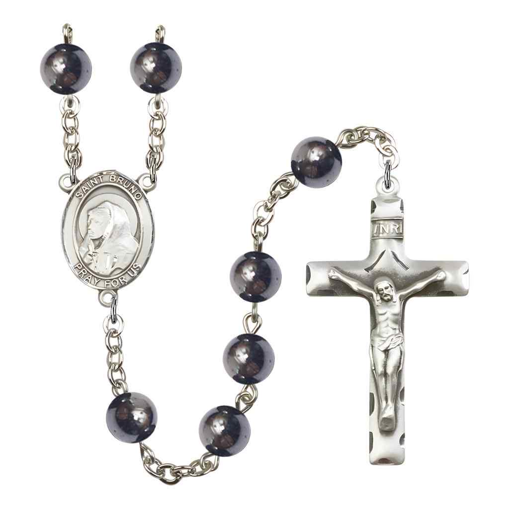 Saint Bruno 8mm Hematite Bead Silver-plated Rosary with Pewter Centerpiece and Crucifix in Gift Box, Made in USA by Bliss Manufacturing
