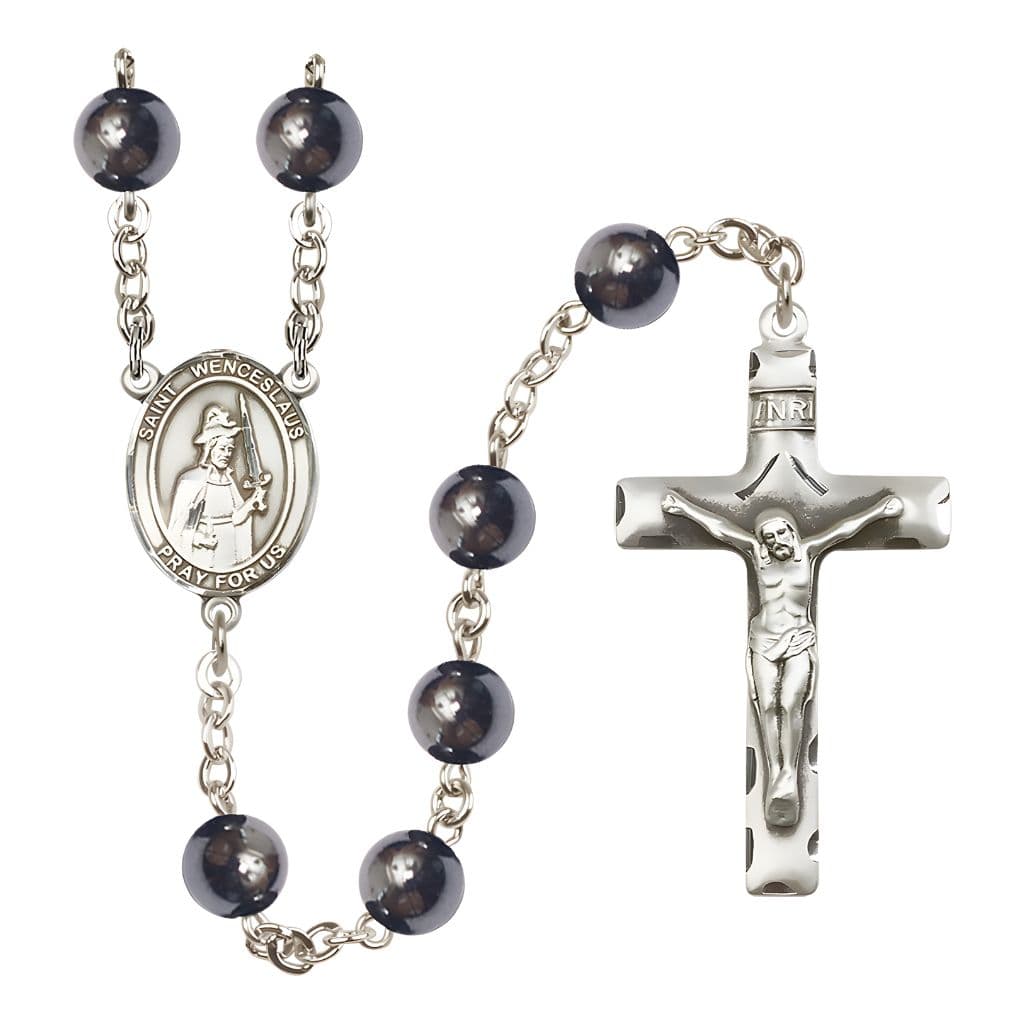 Bliss St. Wenceslaus 8mm Hematite Bead Silver-plated Rosary with Pewter Centerpiece and Crucifix