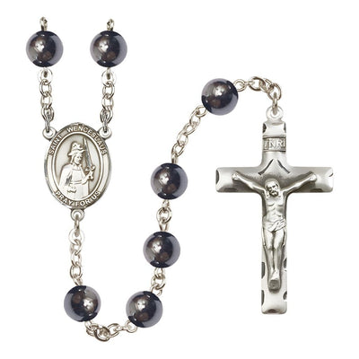 St. Wenceslaus 8mm Hematite Bead Silver-plated Rosary with Pewter Centerpiece and Crucifix, Bliss Manufacturing