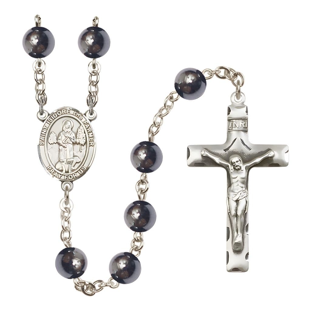 Bliss St. Isidore the Farmer 8mm Hematite Bead Silver-plated Rosary with Pewter Centerpiece and Crucifix, Gift Box.