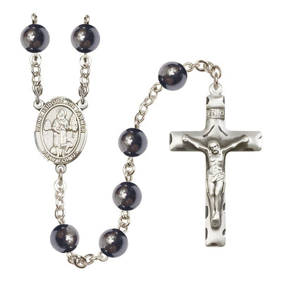 St. Isidore the Farmer 8mm Hematite Bead Silver-plated Rosary with Pewter Centerpiece and Crucifix, Gift Box, Bliss Manufacturing