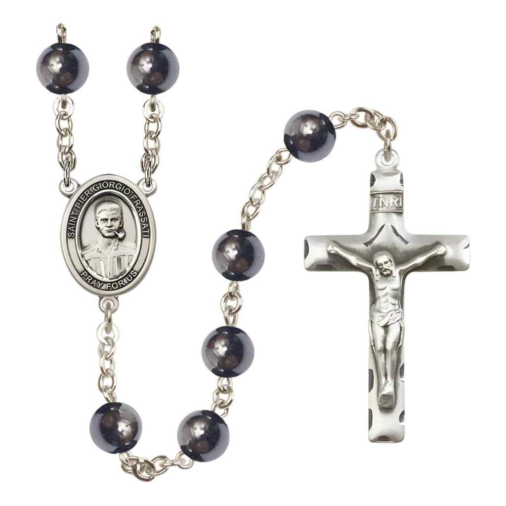 Saint Pier Giorgio Frassati 8mm Hematite Bead Silver-plated Rosary with Pewter Centerpiece and Crucifix in Gift Box, Made in USA by Bliss Manufacturing