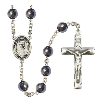 Saint Pier Giorgio Frassati 8mm Hematite Bead Silver-plated Rosary with Pewter Centerpiece and Crucifix in Gift Box, Made in USA by Bliss Manufacturing