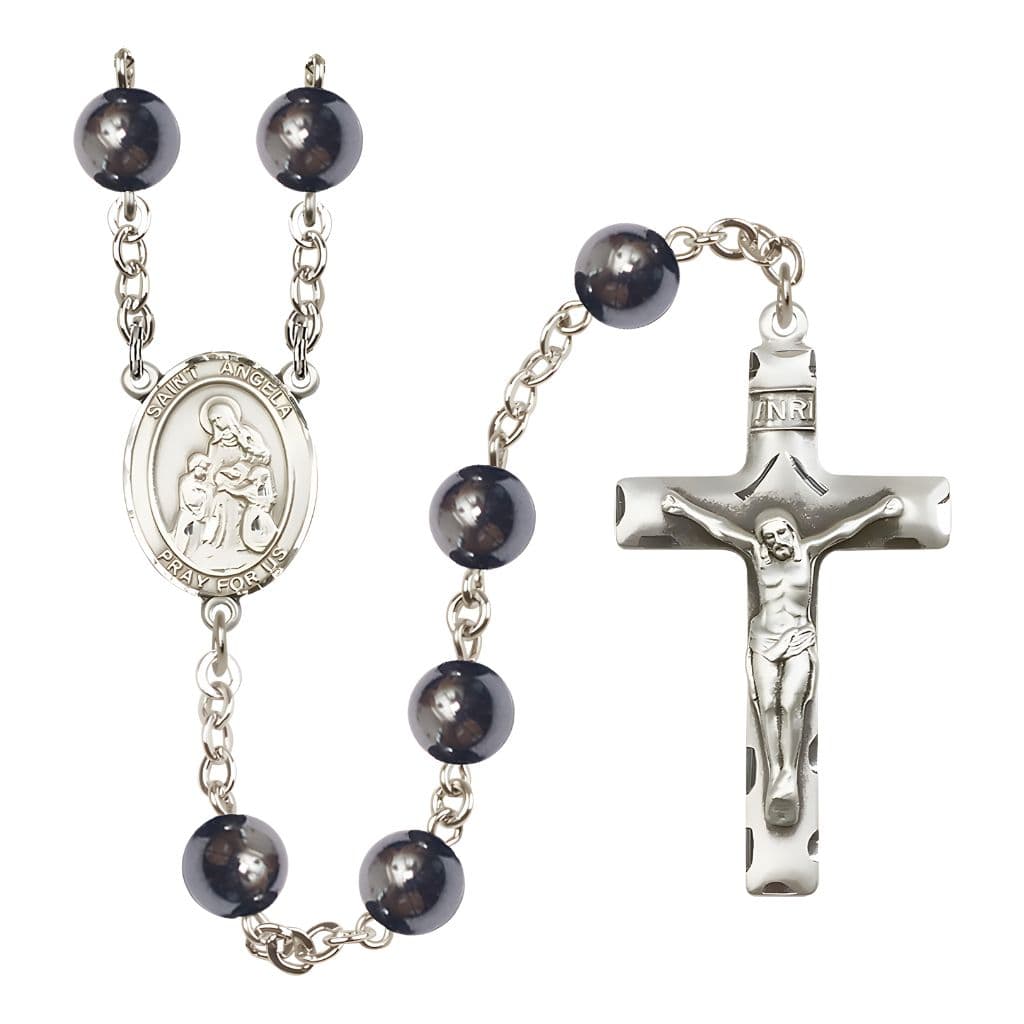 Bliss St. Angela Merici 8mm Hematite Silver-plated Catholic Rosary with Pewter Centerpiece and Crucifix