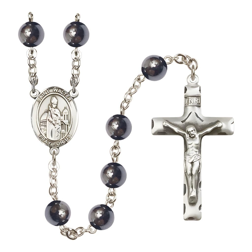 Bliss St. Walter of Pontnoise 8mm Hematite Bead Silver-Plated Rosary with Pewter Centerpiece and Crucifix