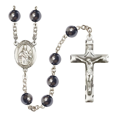 St. Walter of Pontnoise 8mm Hematite Bead Silver-Plated Rosary with Pewter Centerpiece and Crucifix, Bliss Manufacturing