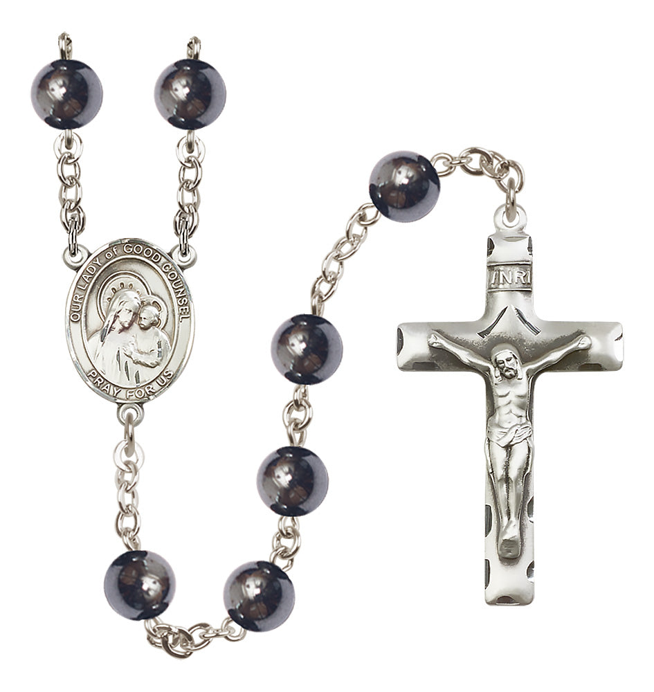 Bliss Silver Plated 8mm Hematite Our Lady of Good Counsel Rosary,