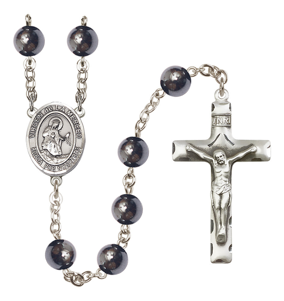 Silver Plated 8mm Hematite Virgen de la Merced Rosary,