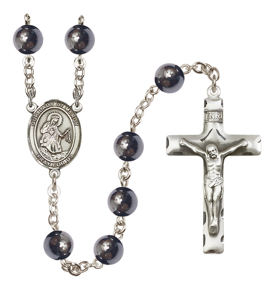 Silver Plated 8mm Hematite Our Lady of Mercy Rosary,