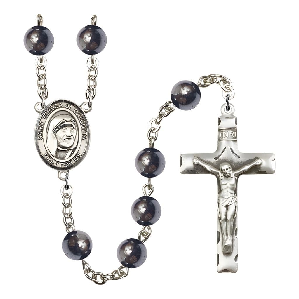 St. Teresa of Calcutta 8mm Hematite Bead Rosary, Made in USA by Bliss Manufacturing