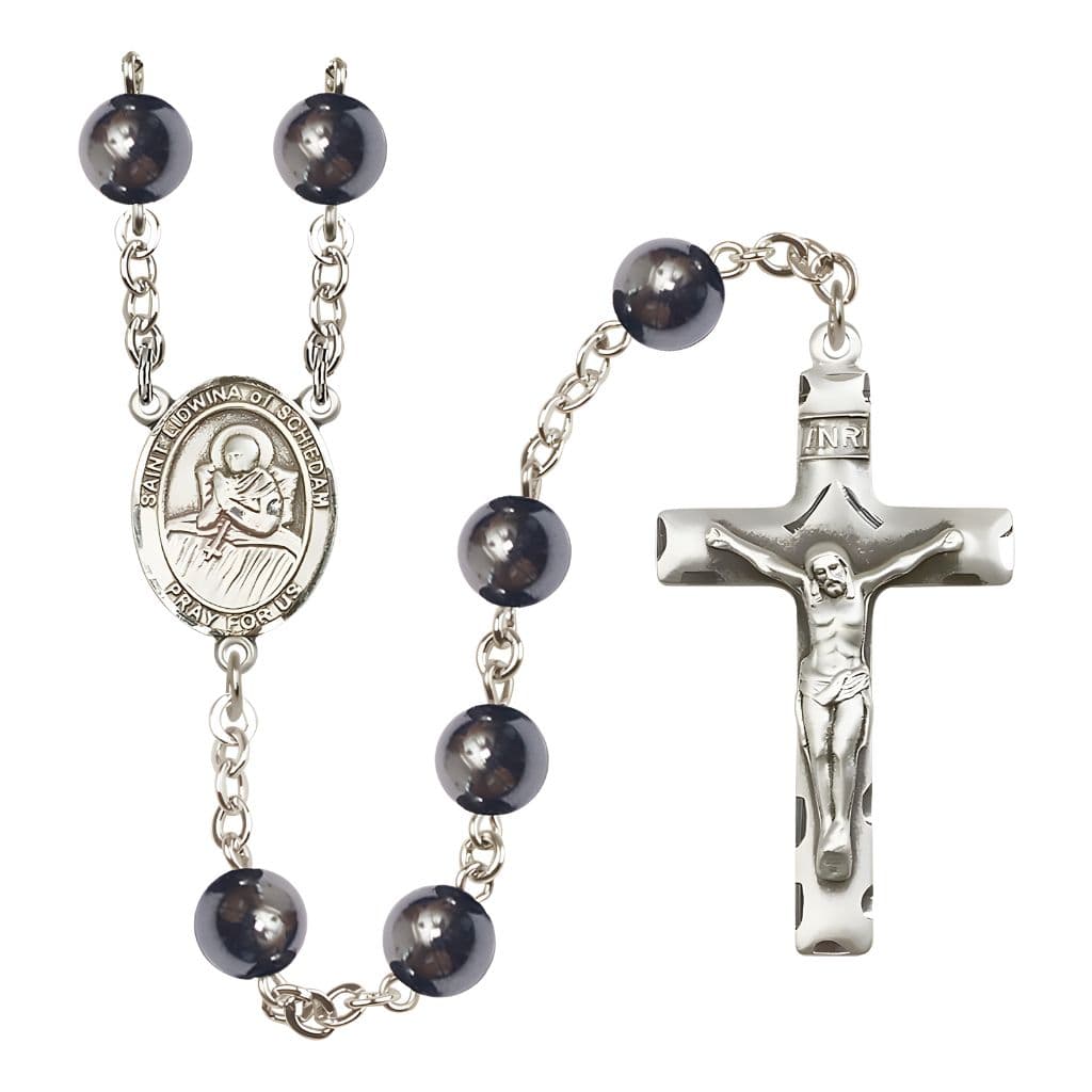 Bliss St. Lidwina of Schiedam 8mm Hematite Silver-plated Catholic Rosary with Pewter Centerpiece and Crucifix