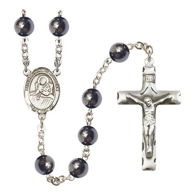 St. Lidwina of Schiedam 8mm Hematite Silver-plated Catholic Rosary with Pewter Centerpiece and Crucifix, Bliss Manufacturing