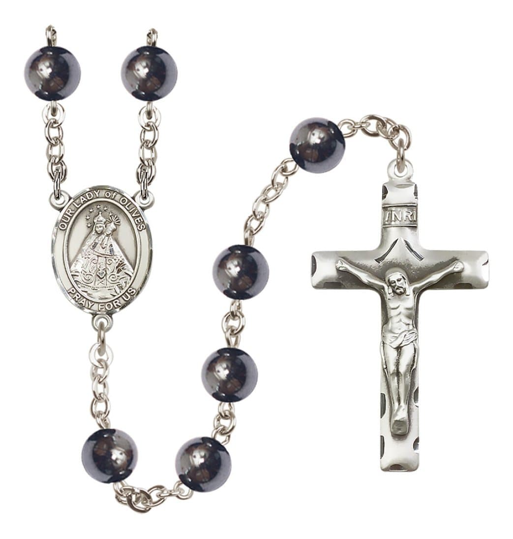 Bliss Silver Plated 8mm Hematite Our Lady of Olives Rosary,