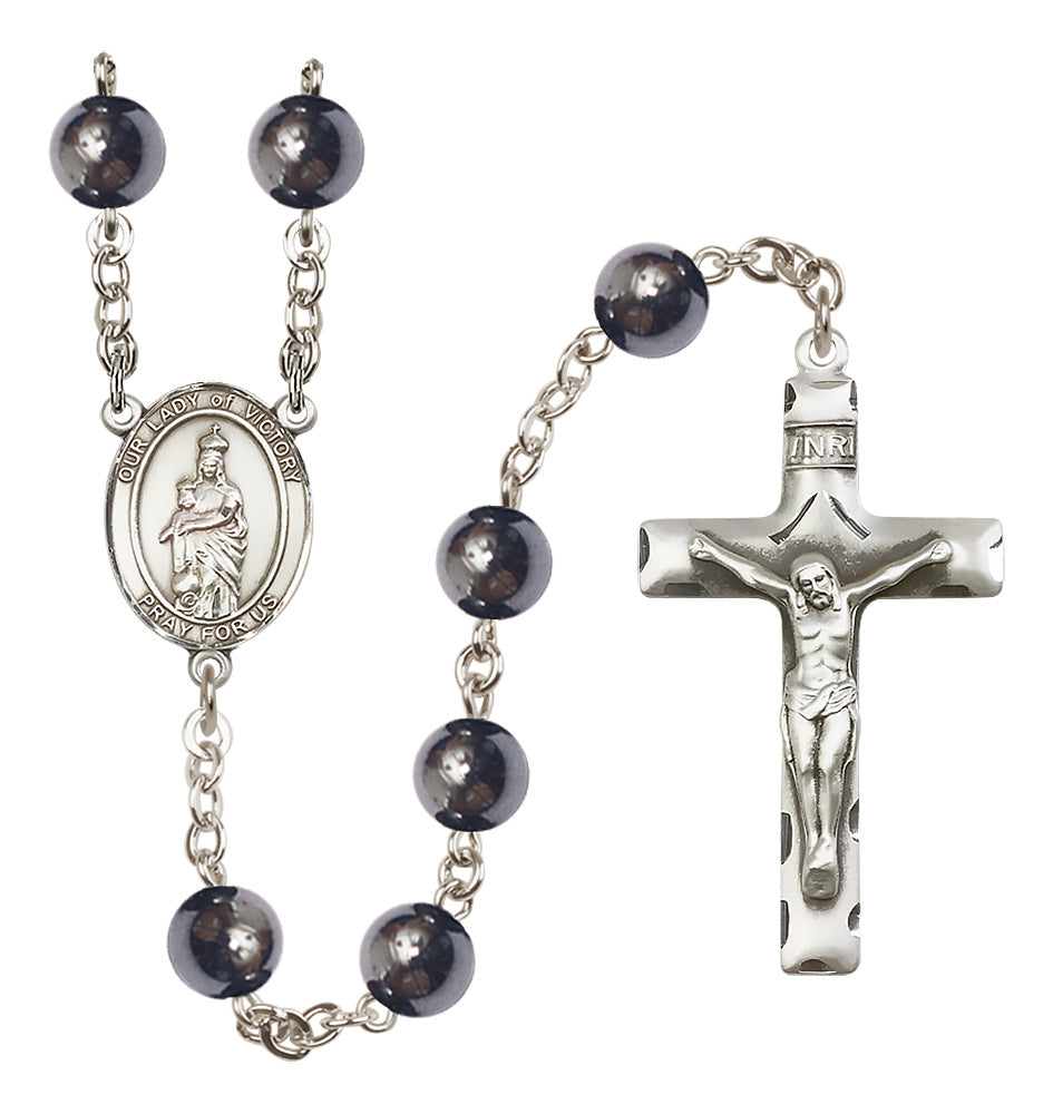 Bliss Silver Plated 8mm Hematite Our Lady of Victory Rosary,