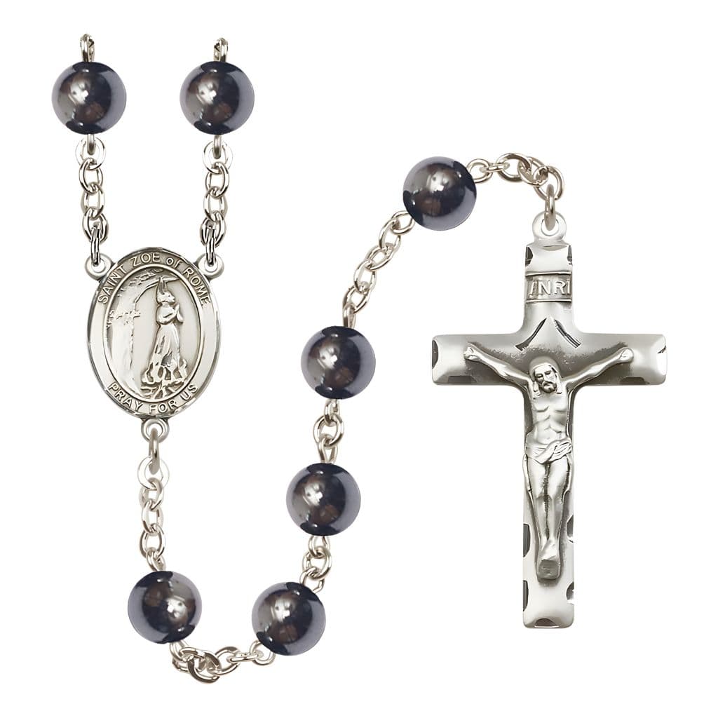 Bliss St. Zoe of Rome  8mm Hematite Bead Silver-plated Rosary with Pewter Centerpiece and Crucifix