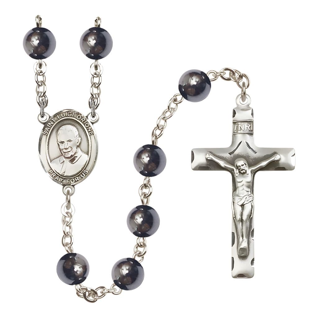 Bliss St. Luigi Orione 8mm Hematite Silver-plated Catholic Rosary with Pewter Centerpiece and Crucifix